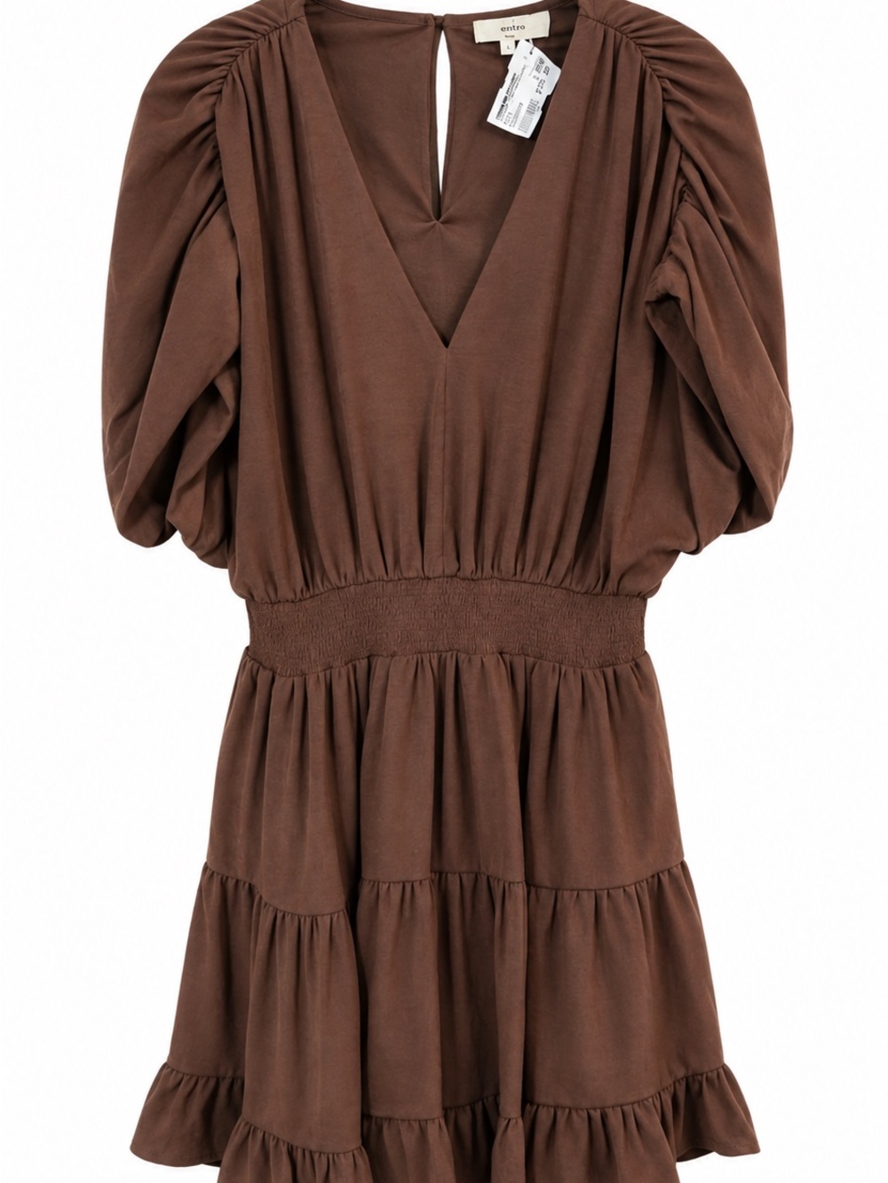 entro Brown V-Neck Puff Sleeve Tiered Dress